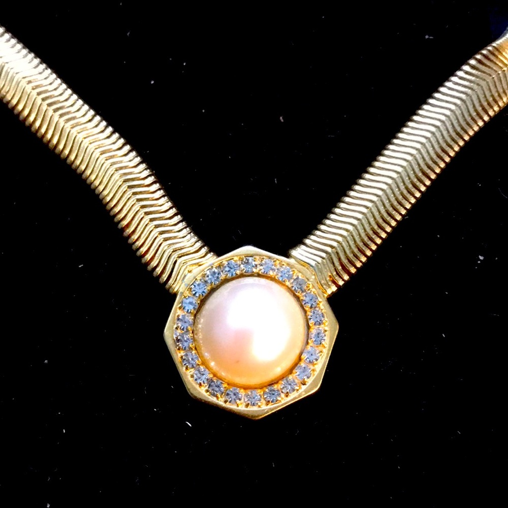 Vintage Faux Pearl Snake Gold Pendant Necklace